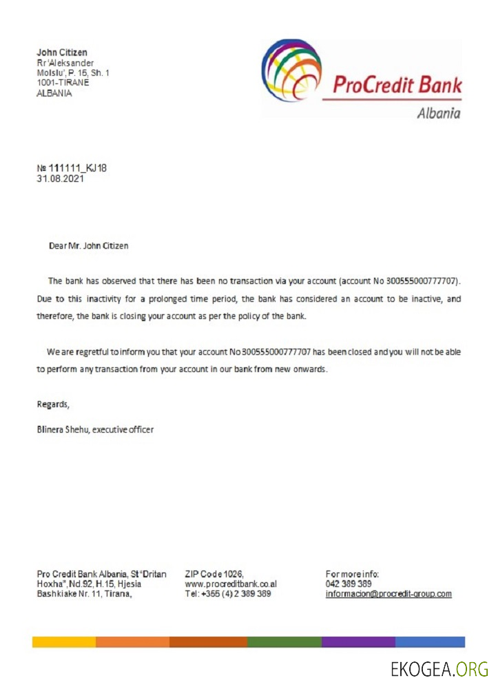 Référence Albanie , Procredit , closure